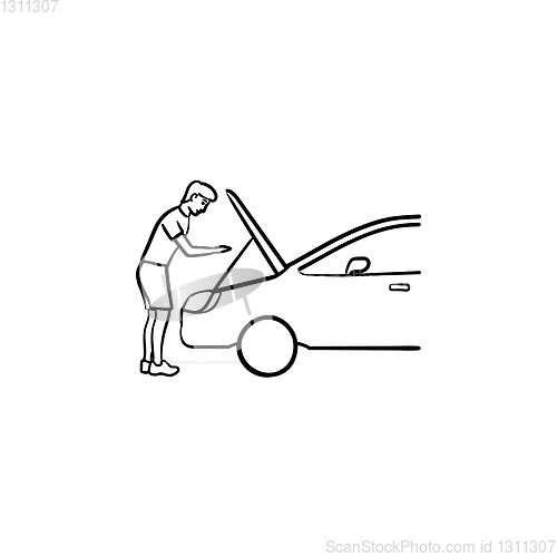 Image of Man under the hood of car hand drawn outline doodle icon.