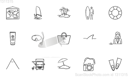 Image of Summer vacation hand drawn outline doodle icon set.