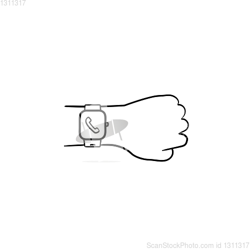 Image of Hand wearing smart watch with incoming call hand drawn outline doodle icon.