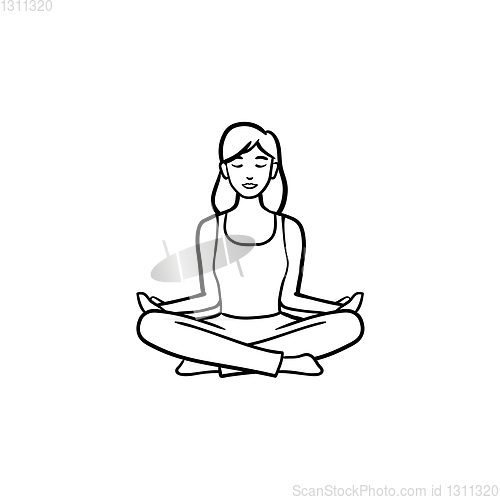 Image of Woman in yoga lotus pose hand drawn outline doodle icon.