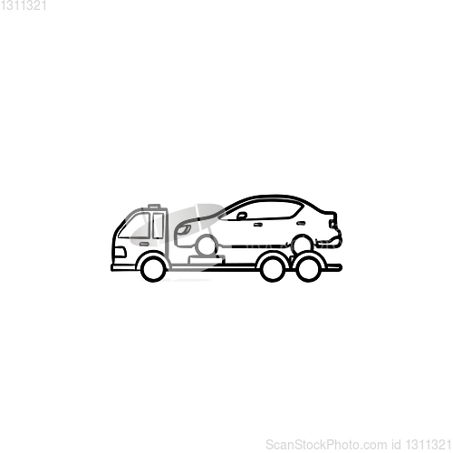 Image of Tow truck with broken car hand drawn outline doodle icon.