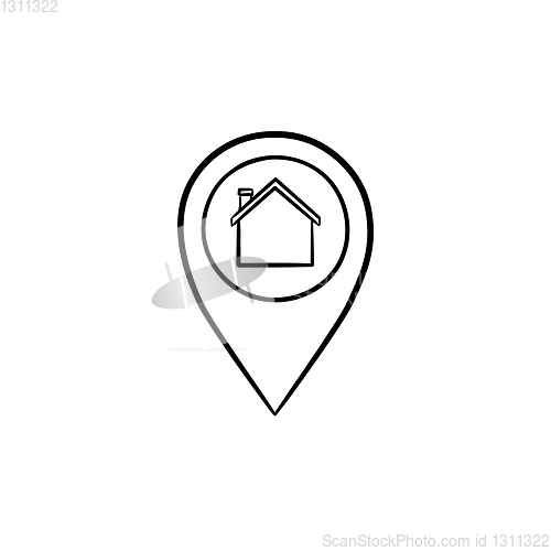 Image of Pointer with house inside hand drawn outline doodle icon.