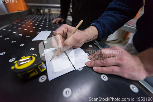 Image of carpenters calculating and programming a cnc wood working machin