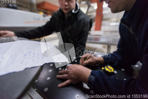 Image of carpenters calculating and programming a cnc wood working machin