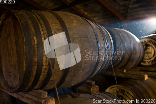 Image of Wooden barrels at beer factory