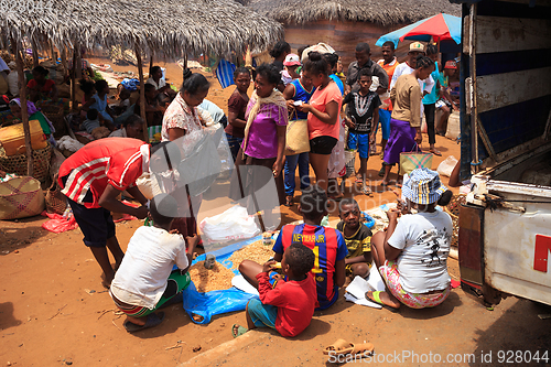 Image of Malagasy peoples on big colorful rural Madagascar marketplace