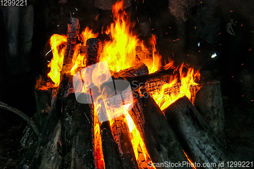 Image of Flames of the campfire in the night.