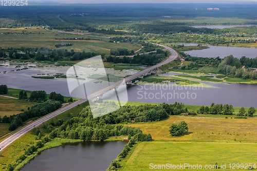 Image of Aerial view of river Lielupe bridge in Latvia.