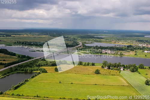 Image of Aerial view of river Lielupe bridge in Latvia.