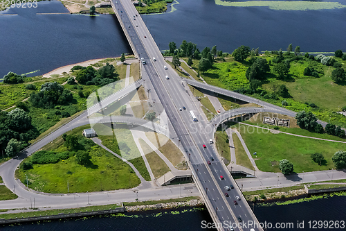 Image of Road with moving cars. Riga from above.