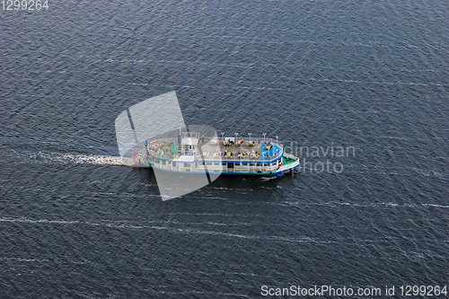 Image of Aerial view of cruise ship in river.