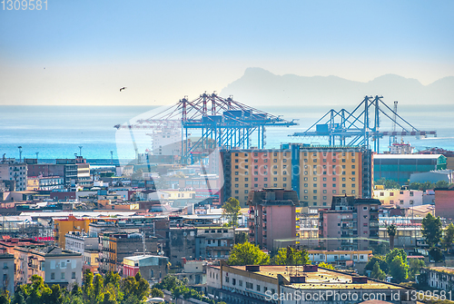 Image of Aerial cityscape with harbor district