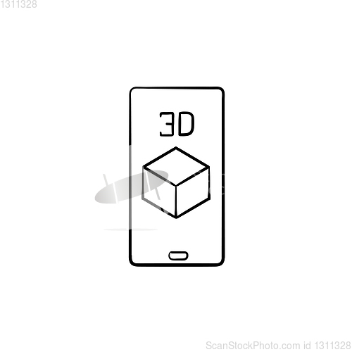 Image of Smartphone with 3d cube hand drawn outline doodle icon.