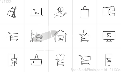 Image of Online shopping and e-commerce hand drawn outline doodle icon set.