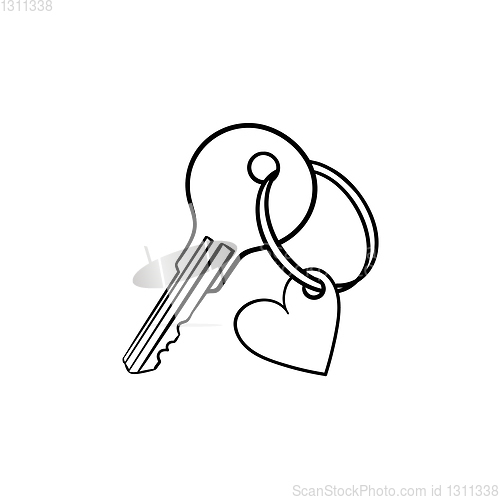 Image of Key with heart shaped keyholder hand drawn outline doodle icon.