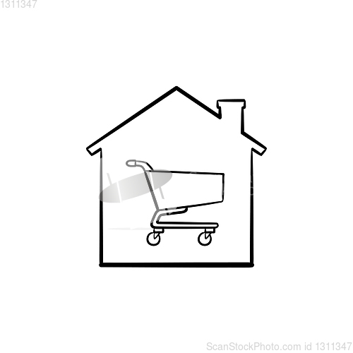 Image of House shopping cart hand drawn outline doodle icon.