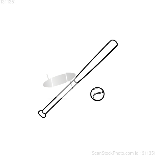 Image of Baseball bat and ball hand drawn outline doodle icon.