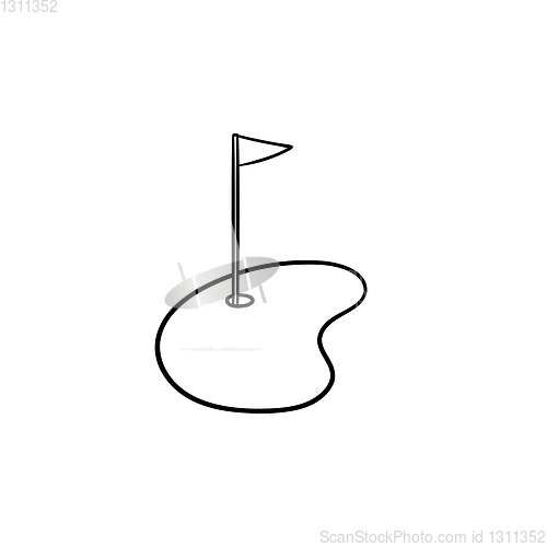 Image of Golf hole and flag hand drawn outline doodle icon.