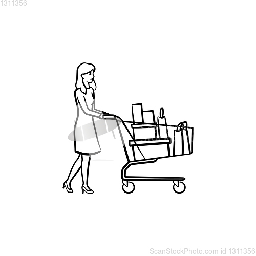 Image of Woman with shopping cart hand drawn outline doodle icon.