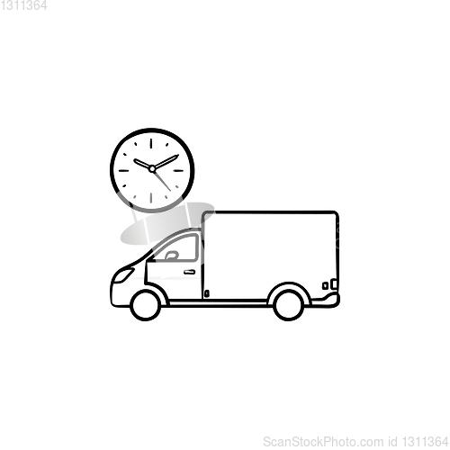 Image of Delivery truck with clock hand drawn outline doodle icon.