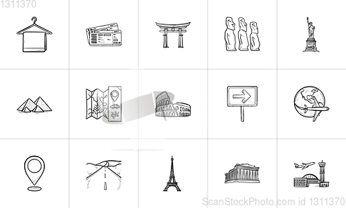 Image of Travel landmarks hand drawn outline doodle icon set.