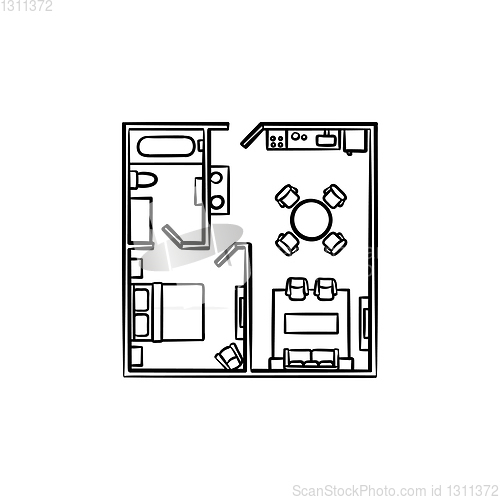 Image of Floor plan with furniture hand drawn outline doodle icon.