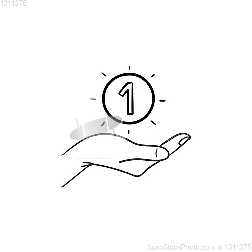 Image of Hand and one coin hand drawn outline doodle icon.