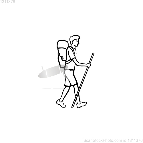 Image of Hiker with backpack walking hand drawn outline doodle icon.