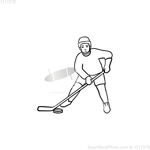 Image of Hockey player hand drawn outline doodle icon.