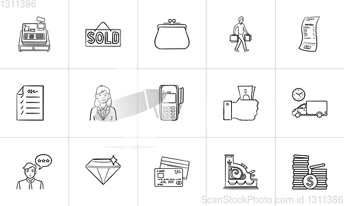 Image of Shopping and paying hand drawn outline doodle icon set.