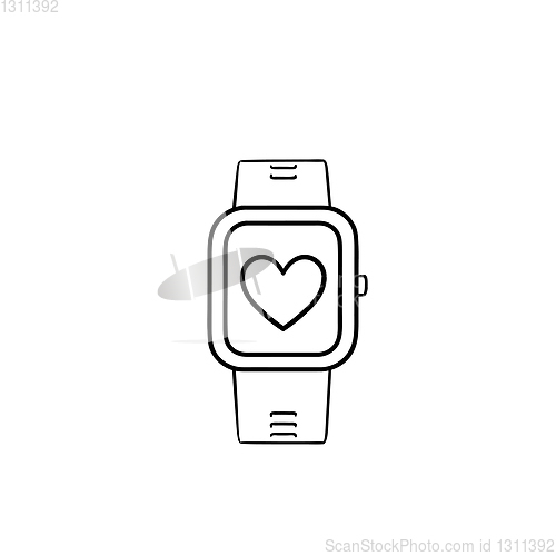 Image of Smartwatch with heart hand drawn outline doodle icon.