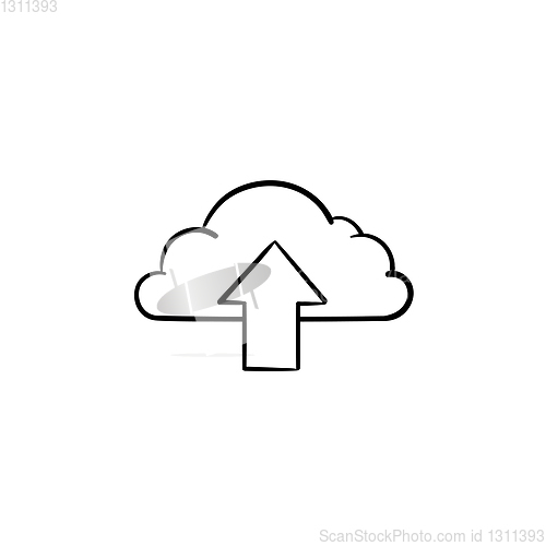 Image of Cloud with arrow up hand drawn outline doodle icon.