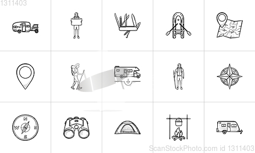 Image of Hiking and camping hand drawn outline doodle icon set.