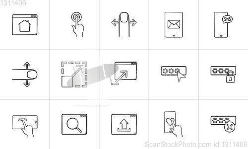 Image of Smartphone and unlock technology hand drawn outline doodle icon set.