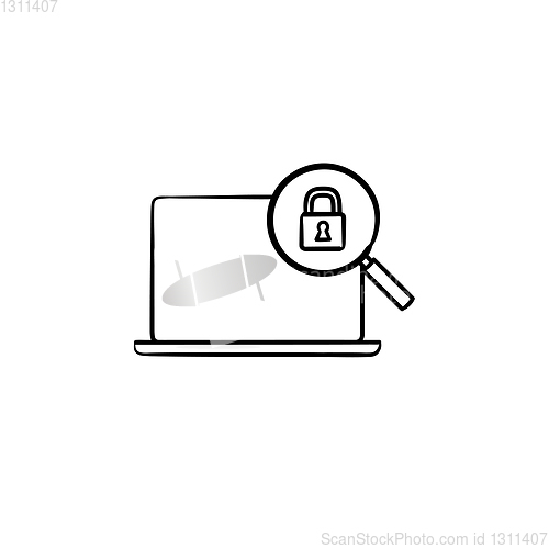 Image of Laptop with magnifying glass and padlock hand drawn outline doodle icon.