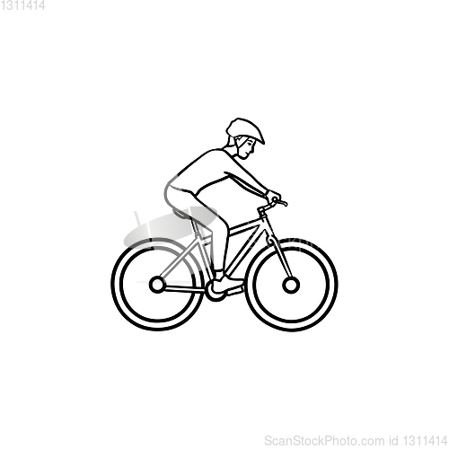 Image of Biker riding mountain bike hand drawn outline doodle icon.