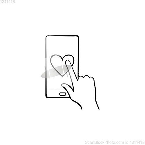 Image of Hand clicking heart on smartphone screen hand drawn outline doodle icon.