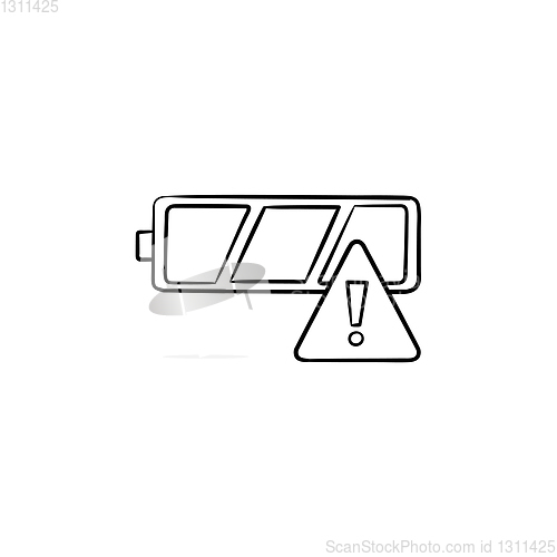 Image of Empty battery with exclamation mark hand drawn outline doodle icon.