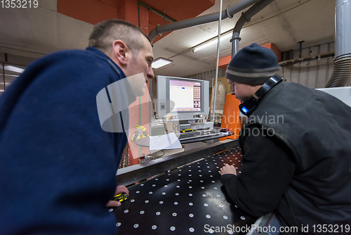 Image of carpenters calculating and programming a cnc wood working machin