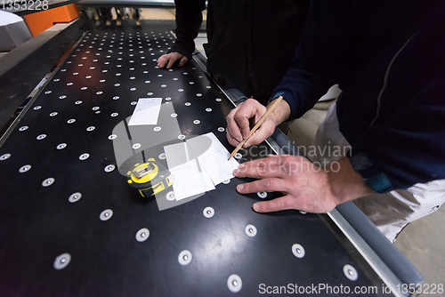 Image of carpenters calculating and programming a cnc wood working machin