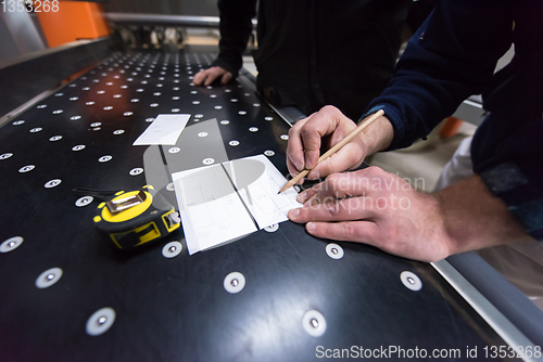 Image of carpenters calculating and programming a cnc wood working machin