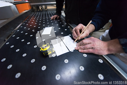 Image of carpenters calculating and programming a cnc wood working machin