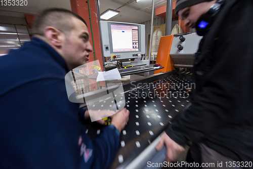 Image of carpenters calculating and programming a cnc wood working machin