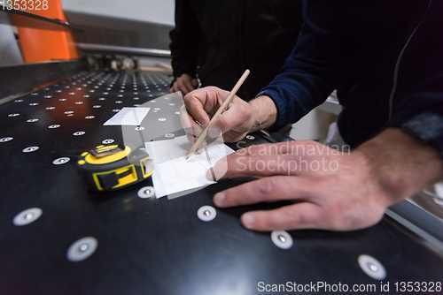 Image of carpenters calculating and programming a cnc wood working machin