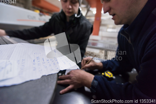 Image of carpenters calculating and programming a cnc wood working machin