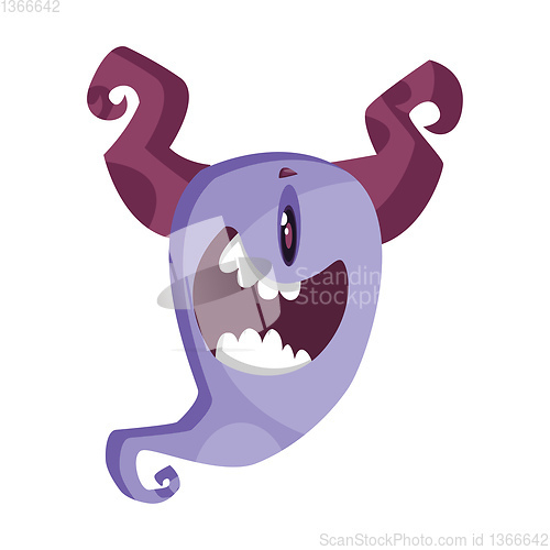 Image of One-eyed purple cartoon monster with horns smiling white backgro
