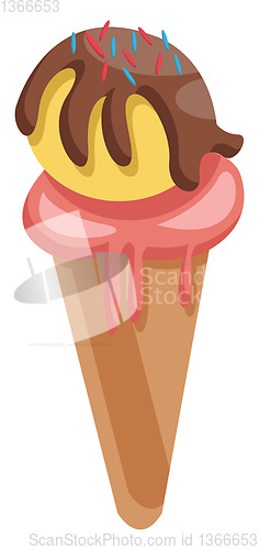 Image of Icecream cone with a pale red scoop and a yellow scoop with choc