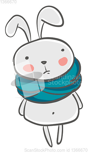 Image of A grey cartoon hare standing with a thick green scarf around its