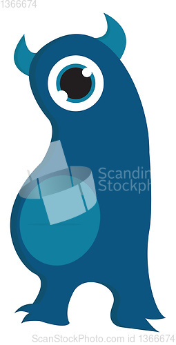 Image of One eyed dark blue monster with light blue belly and horns vecto