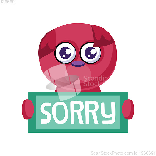 Image of Deep pink puppy holding Sorry sign vector illustration on a whit